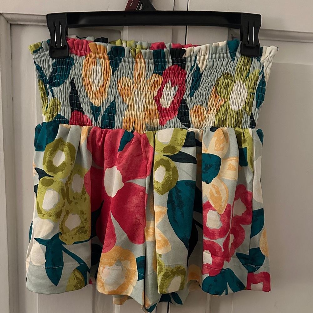 TCEC Floral Smocked Waist Shorts in Teal, Coral, Yellow, Olive
